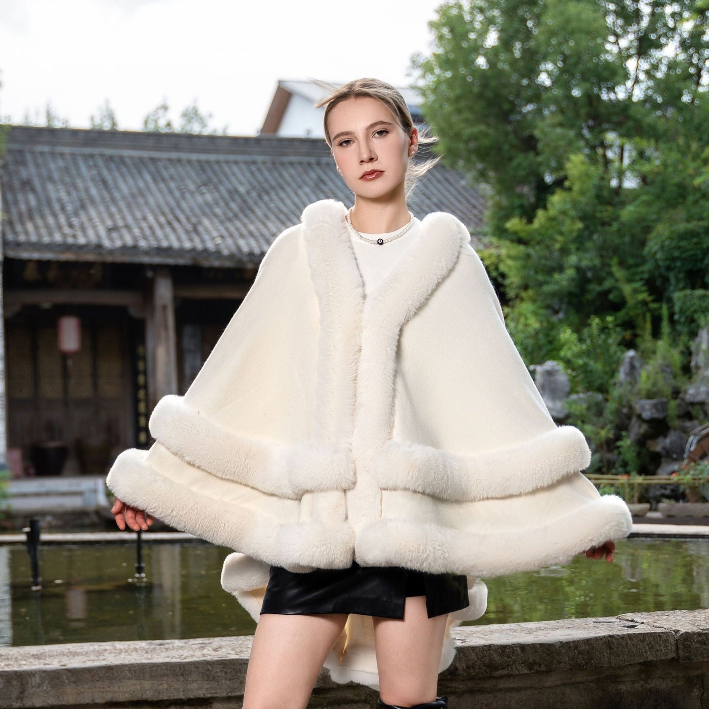 Aurelia Fur Collar Knit Shawl