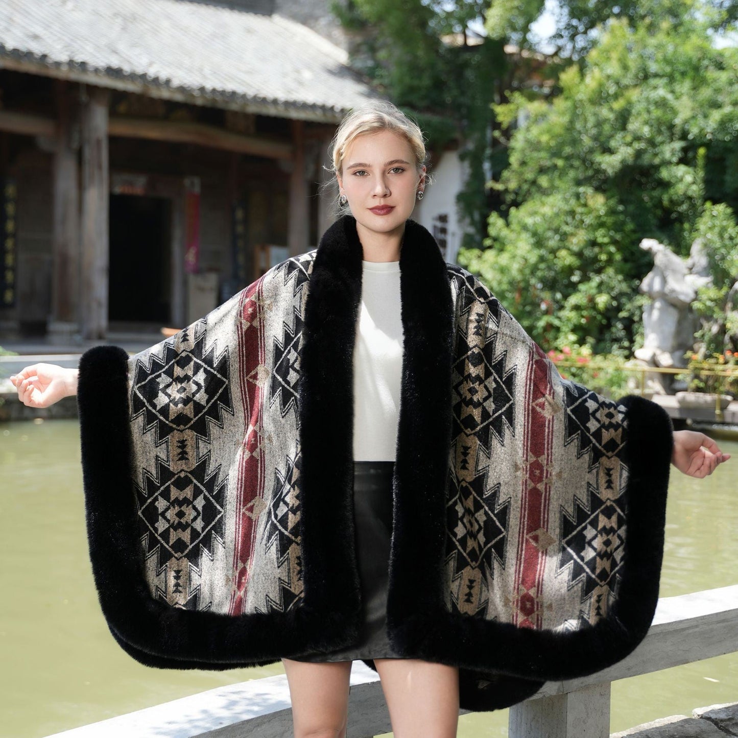 Valora Fleece-Lined Shawl with Fur Collar