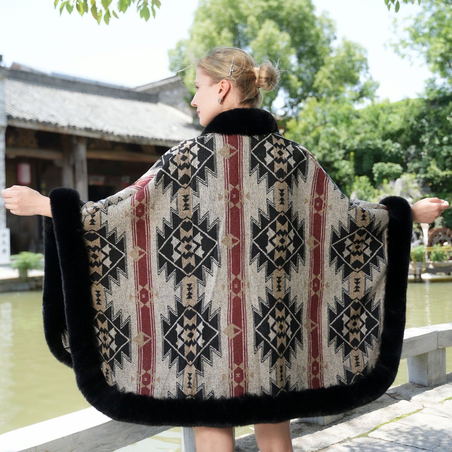 Valora Fleece-Lined Shawl with Fur Collar