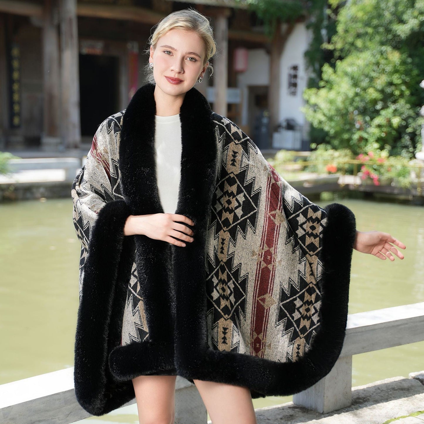 Valora Fleece-Lined Shawl with Fur Collar