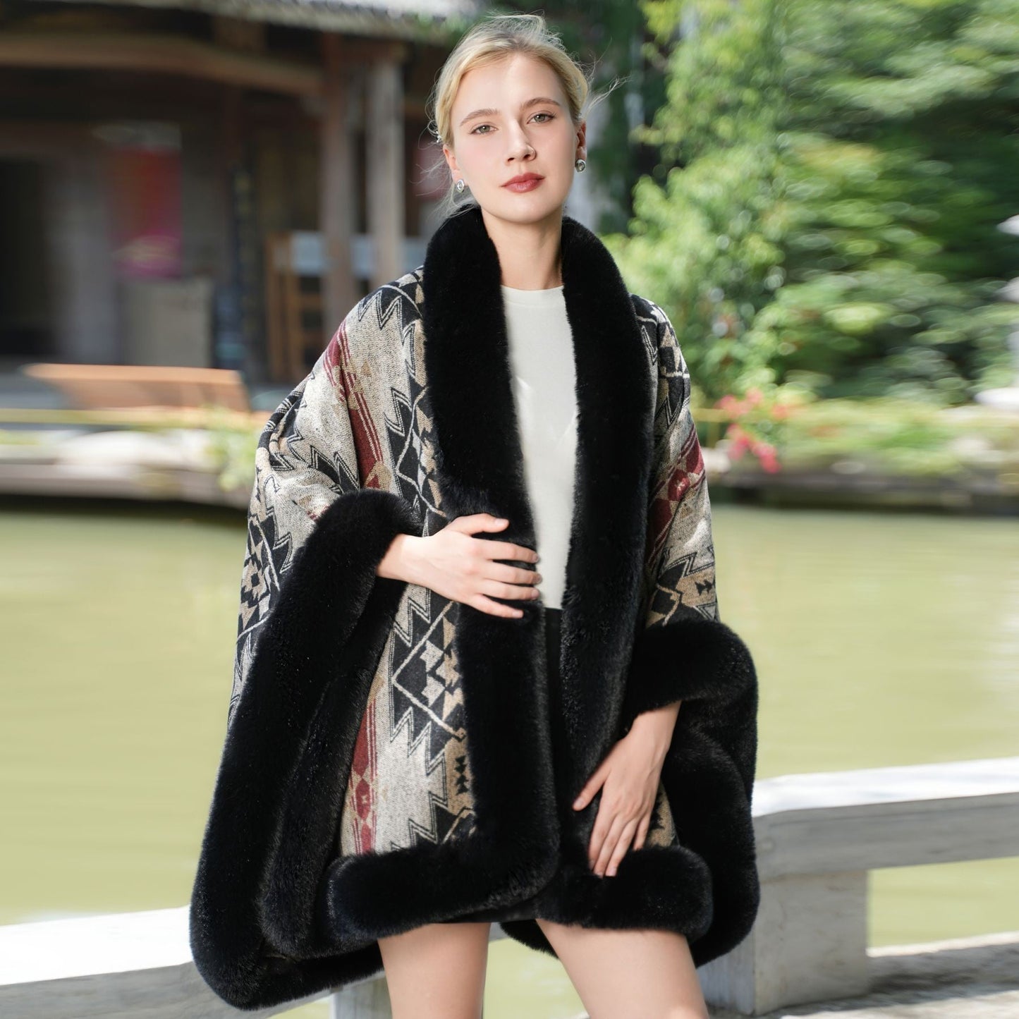 Valora Fleece-Lined Shawl with Fur Collar