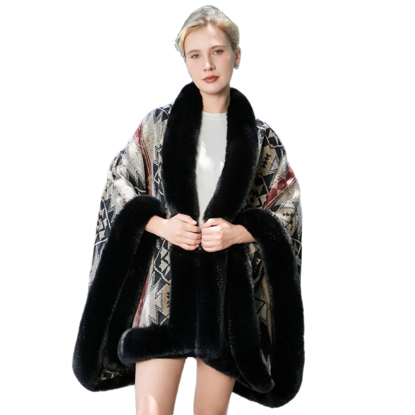 Valora Fleece-Lined Shawl with Fur Collar